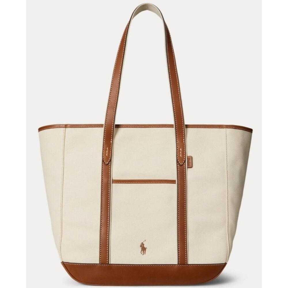 NWT Polo Ralph Lauren Women's Leather-Trim Canvas Medium Shopper Tote Ecru/Cuoio